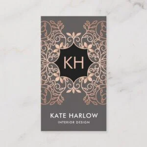 Elegant Interior Design Rose Gold Ornate Monogram Business Card