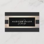 Elegant Monogram Striped Black and FAUX Gold Foil Business Card