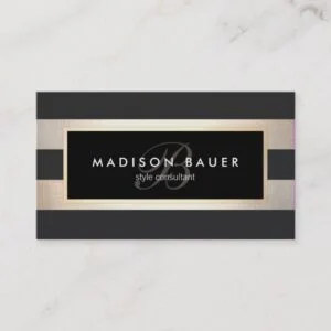Elegant Monogram Striped Black and FAUX Gold Foil Business Card