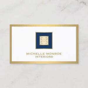 Elegant Navy Blue/Gold Border Greek Key Designer Business Card