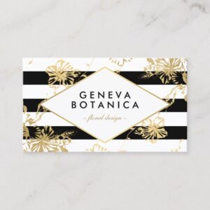 Faux Gold Floral Design Modern Striped Business Card