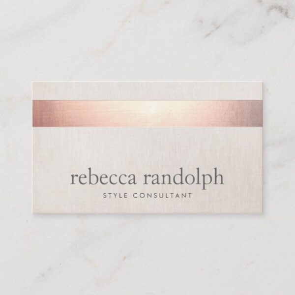 Faux Rose Gold Foil Elegant Modern Beige Linen Business Card