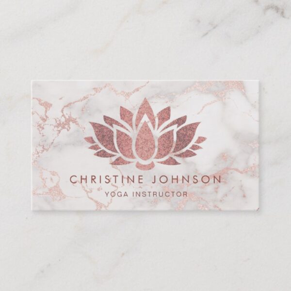 faux rose gold glitter lotus flower on marble business card
