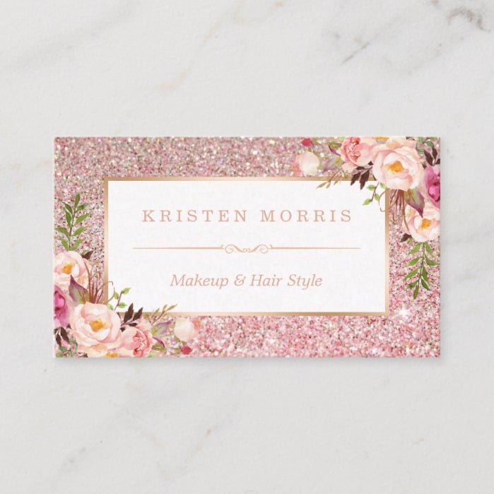 Floral Rose Gold Glitter Makeup Artist Hair Salon Business Card