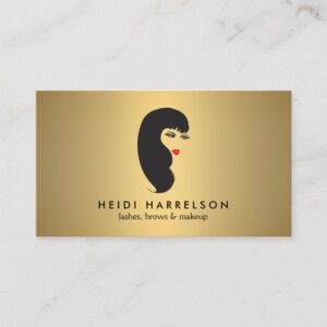 Girl with Lashes and Red Lips on Faux Gold Beauty Business Card