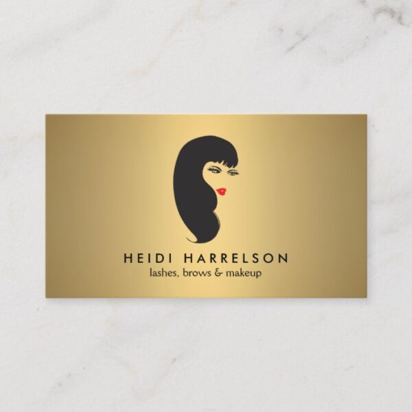 Girl with Lashes and Red Lips on Faux Gold Beauty Business Card