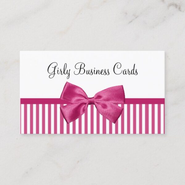 Girly Bright Pink and White Stripes Cute Pink Bow Business Card