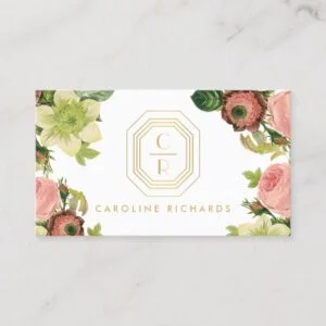 Gold Art Deco Monogram with Vintage Florals Business Card
