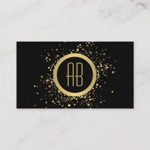 Gold Confetti Circle Monogram Black Business Card