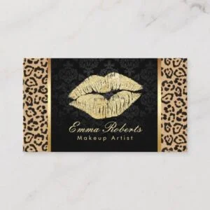 Gold Kiss Leopard Print Damask Makeup Artist Business Card