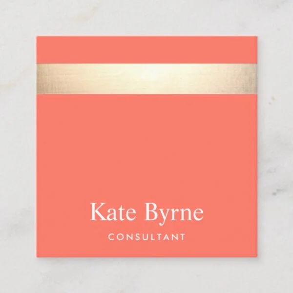 Gold Striped Modern Stylish Coral Orange Square Business Card