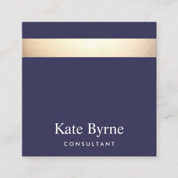 Gold Striped Modern Stylish Navy Blue Square Business Card