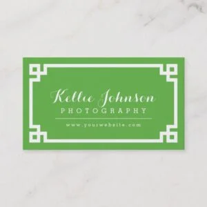 Green and White Chic Greek Key Border Business Card