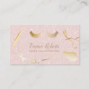 Hair & Eyelash Extensions Salon Blush Pink Glitter Business Card