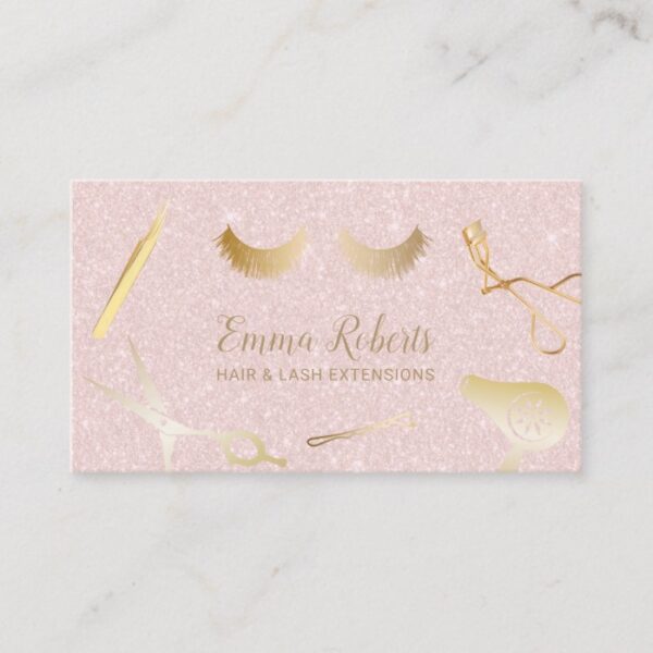 Hair & Eyelash Extensions Salon Blush Pink Glitter Business Card