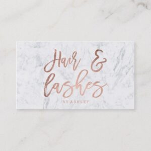 Hair lashes script rose gold typography marble business card