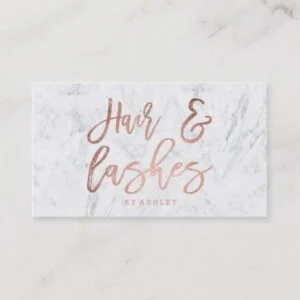 Hair lashes script rose gold typography marble business card