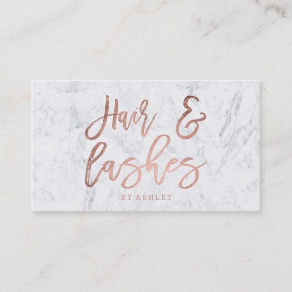 Hair lashes script rose gold typography marble business card