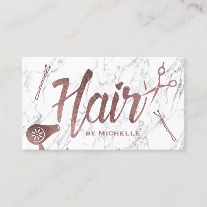 Hair Salon Rose Gold Typography White Marble Business Card