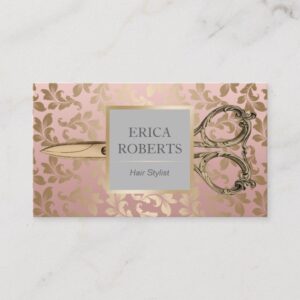 Hair Stylist Antique Scissor Rose Gold Damask Business Card