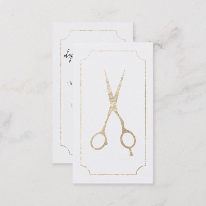 Hair stylist elegant faux gold scissors white chic business card