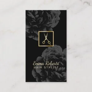 Hair Stylist Gold Scissor Logo Classy Black Floral Business Card
