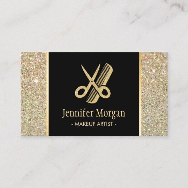 Hair Stylist Modern Gold Glitter Scissors Comb Business Card