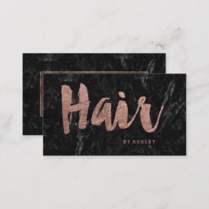 Hair stylist rose gold typography black marble business card