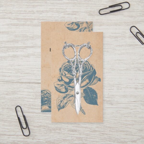 Hair Stylist Vintage Scissor & Blue Rose Floral Business Card