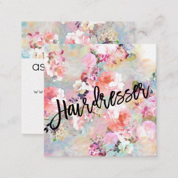 Hairdresser typography modern floral watercolor square business card