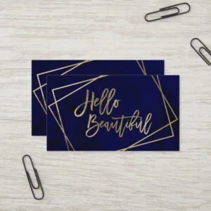 Hello beautiful gold script navy blue watercolor business card