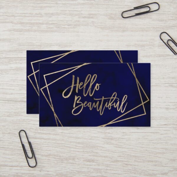 Hello beautiful gold script navy blue watercolor business card