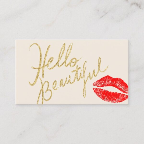 Hello Beautiful Gold Typography Red Lips Print Business Card