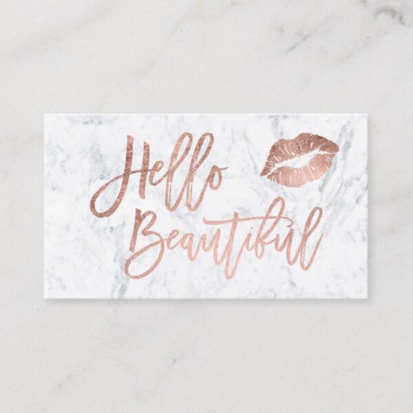 Hello beautiful lips rose gold chic script marble business card