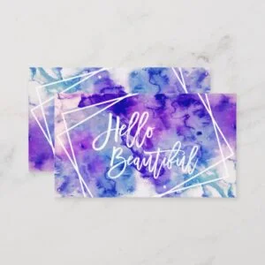 Hello beautiful purple watercolor geometric stripe business card