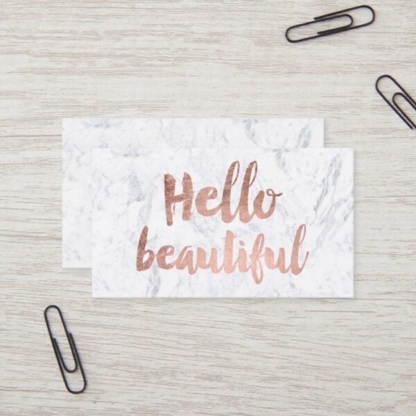 Hello beautiful rose gold typography white marble business card