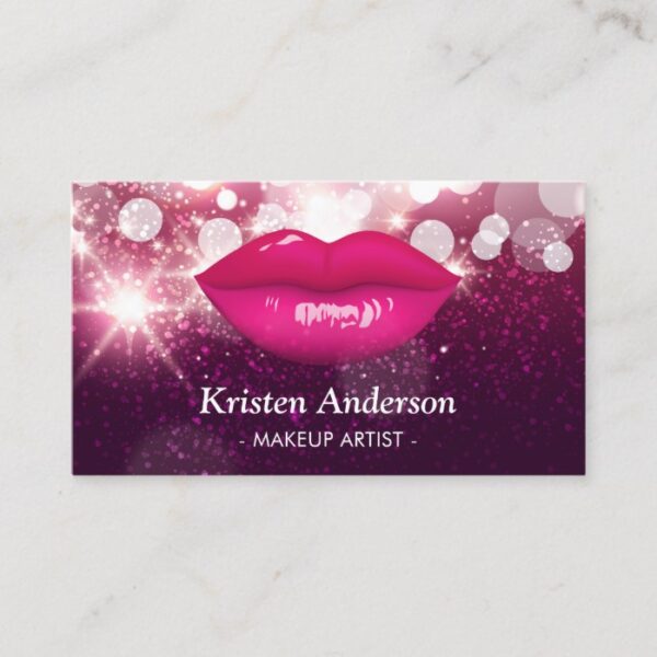 Hot Pink Lips Glitters Beauty Salon Makeup Artist Business Card