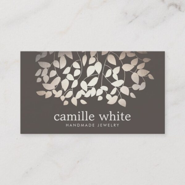 Jewelry Designer Faux Gold Foil Leaves Taupe Business Card