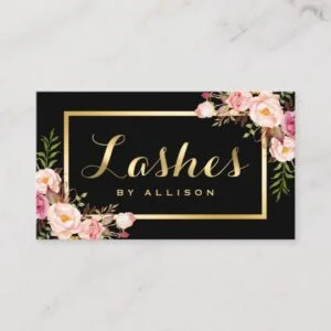 Lashes Script Modern Makeup Black Gold Floral Business Card