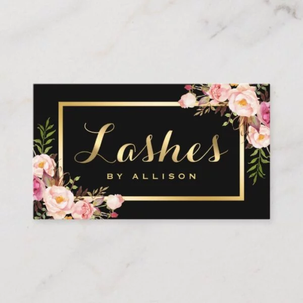 Lashes Script Modern Makeup Black Gold Floral Business Card