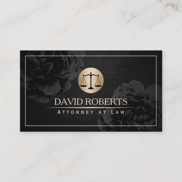 Lawyer Attorney at Law Elegant Black Floral Business Card