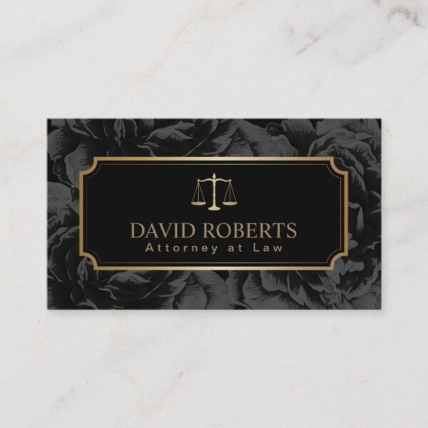 Lawyer Attorney Gold Scale Elegant Dark Floral Business Card