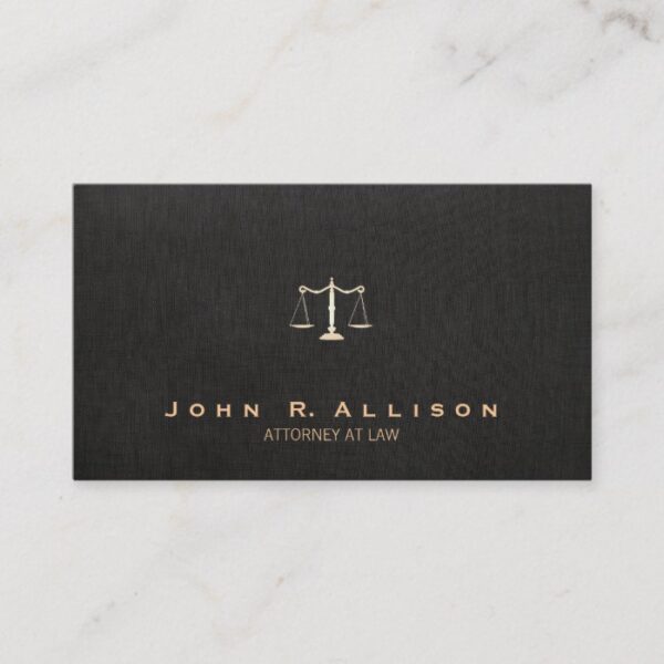 Lawyer Black Linen Look Scales of Justice Business Card