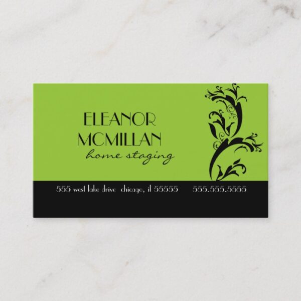 Lime Green and Black Contemporary Swirl Design Business Card
