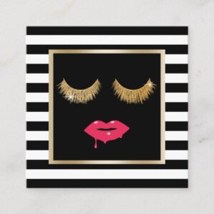 Lips & Lashes Makeup Artist Modern Black Stripes Square Business Card