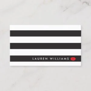 Luxe Black/White Stripes Red Lips Makeup Artist Business Card