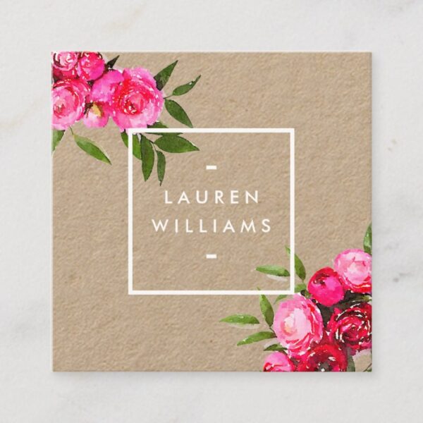 Luxe Bold Watercolor Roses on Kraft Square Business Card