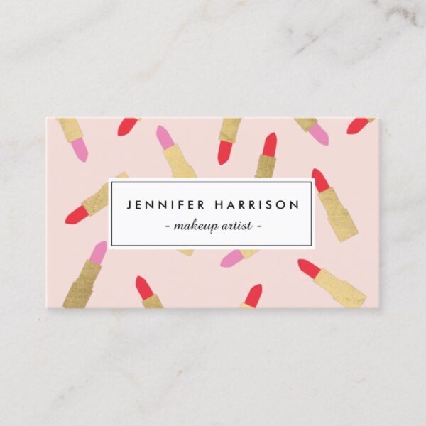 Luxe Glam Lipstick Pattern on Pink Makeup Artist Business Card