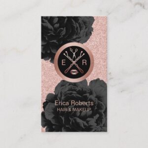 Makeup Artist Beauty Salon Rose Gold Black Floral Business Card