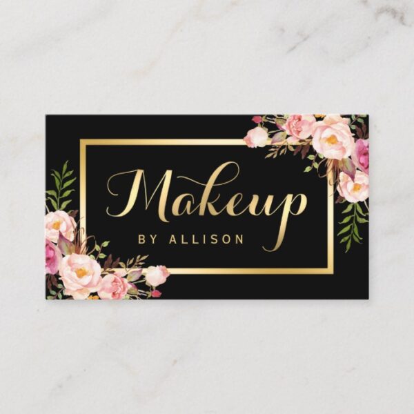 Makeup Artist Black Gold Script Floral Wrap Business Card